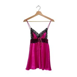 Victorias Secret Hot Pink Satin Lace Trim Babydoll Slip Dress M